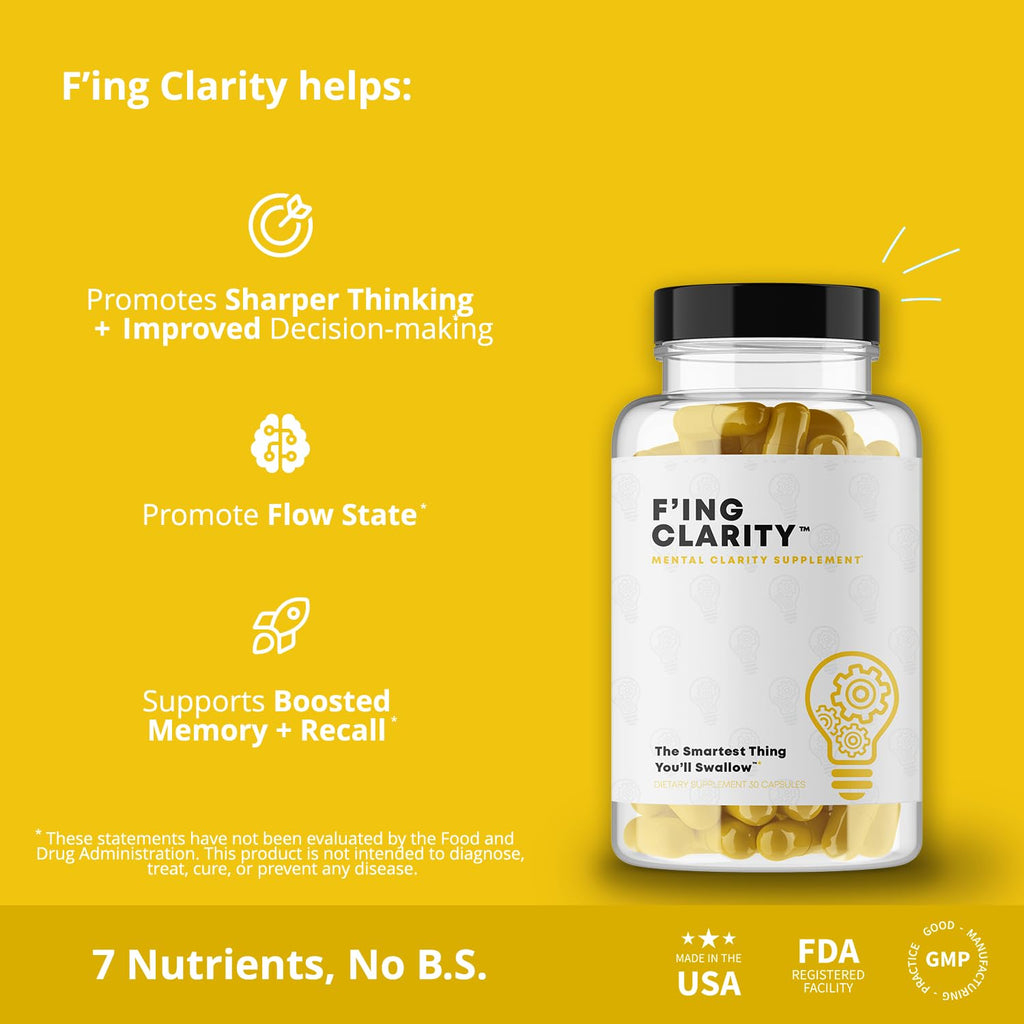 F'ing Clarity - Clarity, Memory + Brain Boosting Nootropic Supplement | Bacopa Extract, Phosphatidylserine 20%, Gingko Biloba Extract, Rhodiola Rosea Extract, DMAE Bitrartrate, B-12, Huperzine A F'ing Au supplements