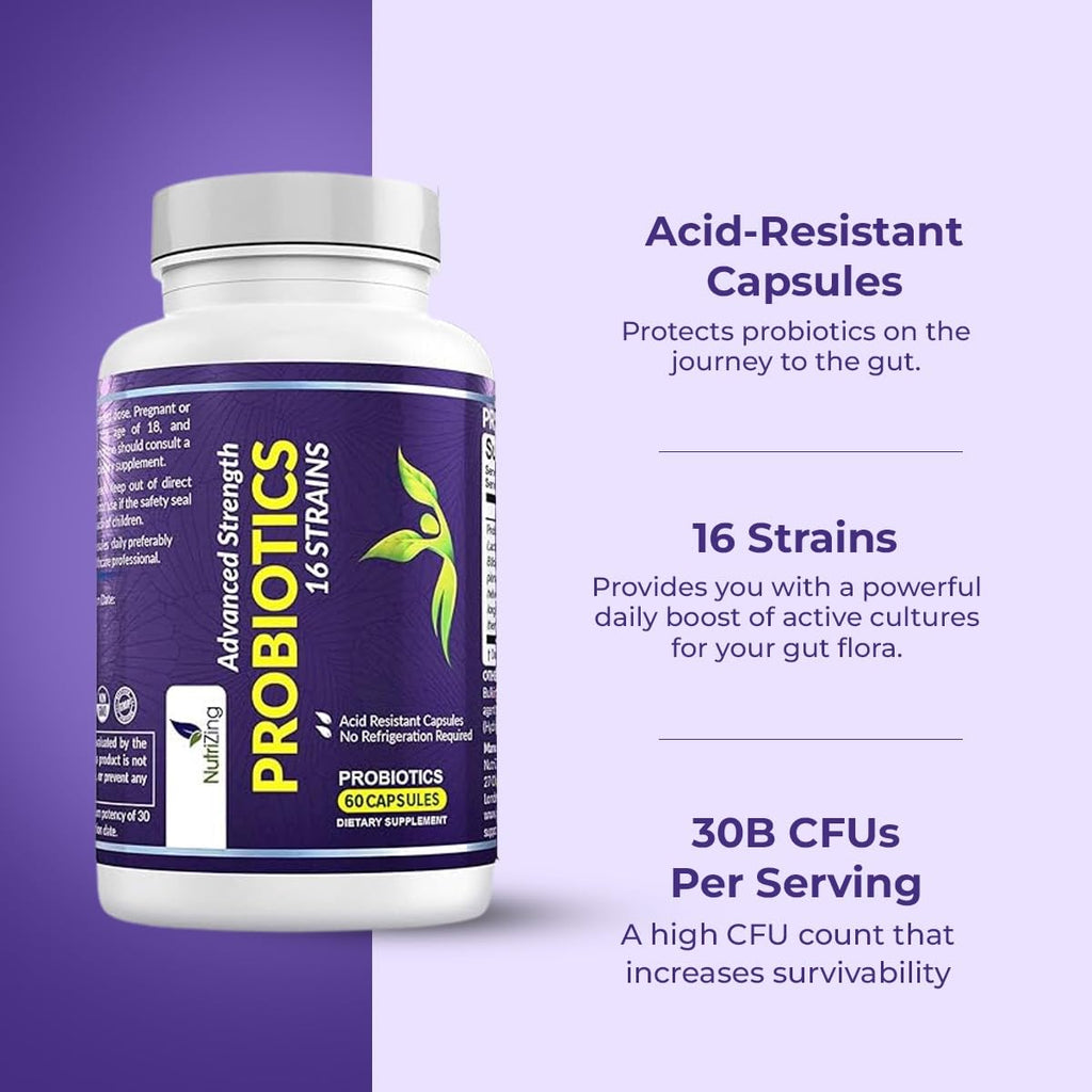 NutriZing Vegan Probiotics for Digestive Health - 30 Billion CFU & 16 strains - Bifidobacterium & Lactobacillus Probiotics for Men & Women