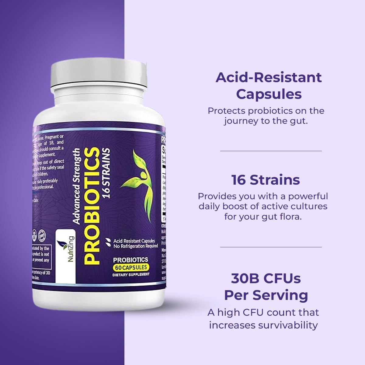 NutriZing Vegan Probiotics for Digestive Health - 30 Billion CFU & 16 strains - Bifidobacterium & Lactobacillus Probiotics for Men & Women