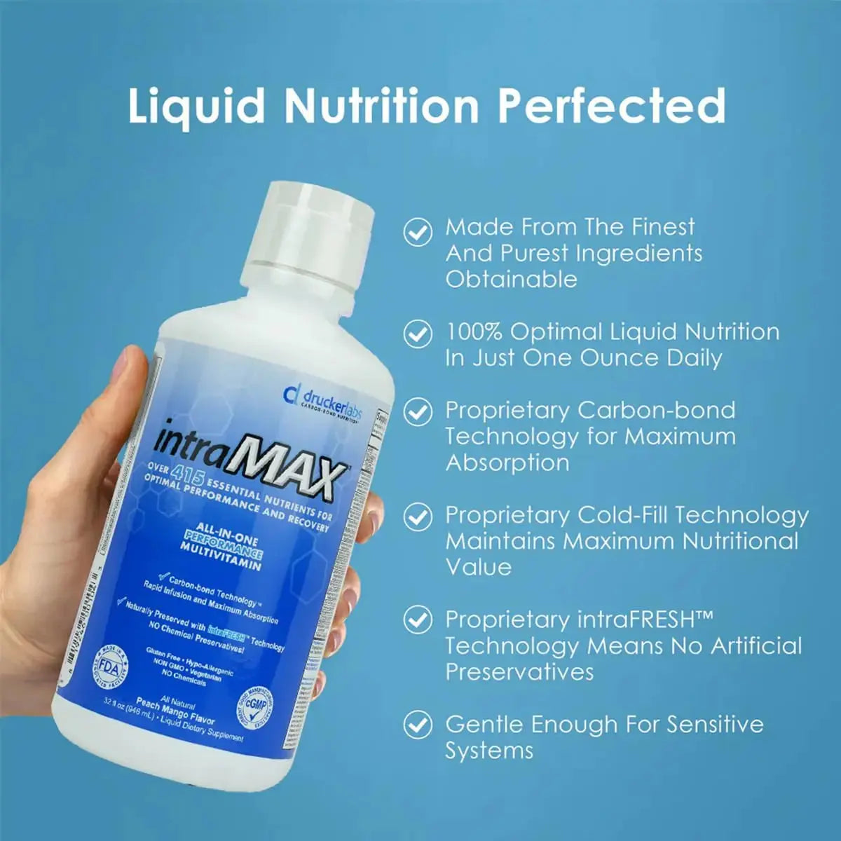 Drucker Labs - intraMAX Organic Liquid Multivitamin, Non GMO, Dairy Free, Gluten Free, Magnesium, Vitamin D, C and E, Zinc (32 oz., Peach Mango) Drucker Labs Au supplements