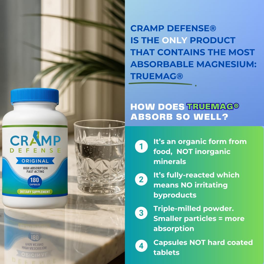Cramp Defense® Leg Cramps Pills, Relief for All Muscle Cramps, Day and Night. Magnesium Supplement Capsules, 3-6 Month Supply. Non-Laxative
