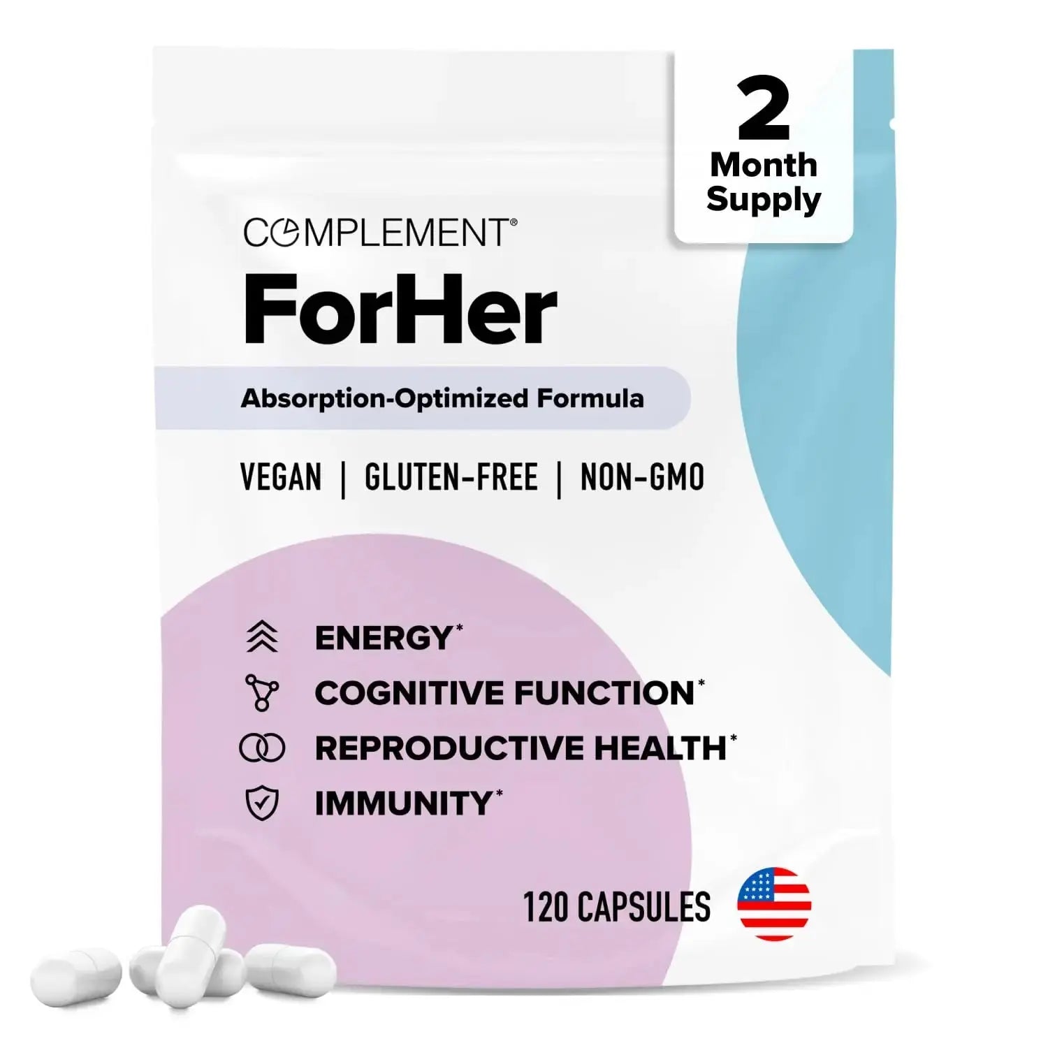 Complement ForHer Multivitamin - Hormone Balance for Women (60 Servings) Inositol Supplement, Longevity Support- B9, Iron - 120 Capsules Complement Au supplements