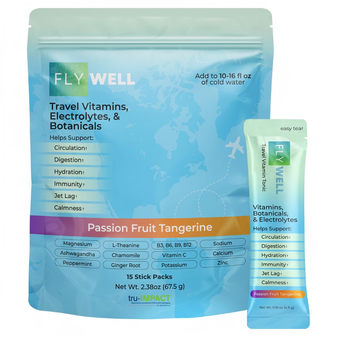 FlyWell Travel Vitamin Tonic for Flight, Jet Lag, Hydration, Circulation, Digestion & Immune Support, Promotes Calmness, Electrolyte Powder, Travel Essentials,