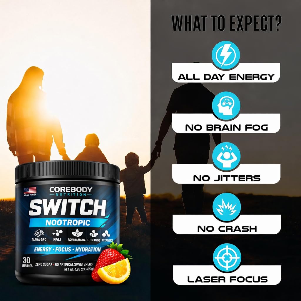 Switch, Brain Boosting Nootropic Energy Supplement Powder - Made in USA - Alpha GPC, NALT, Ashwagandha, Sugar Free Energy, Keto, Increase Mental Focus & Cognitive Function, Enhances Mood & Memory CoreBody Nutrition Au supplements