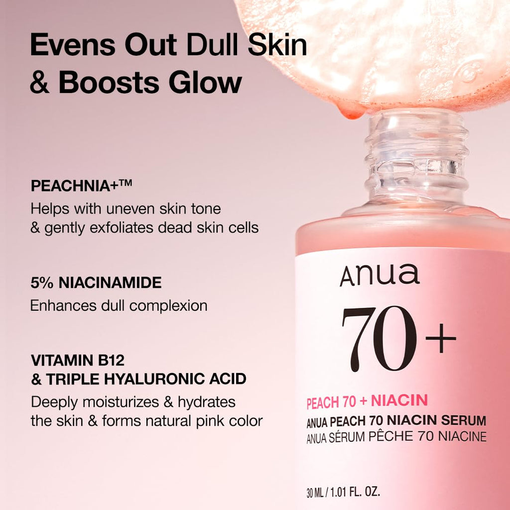 Anua Peach 70 Niacinamide Serum, Daily Glow Serum For Face, Skin Tone & Dullness Care with Vitamin B12, Lightweight