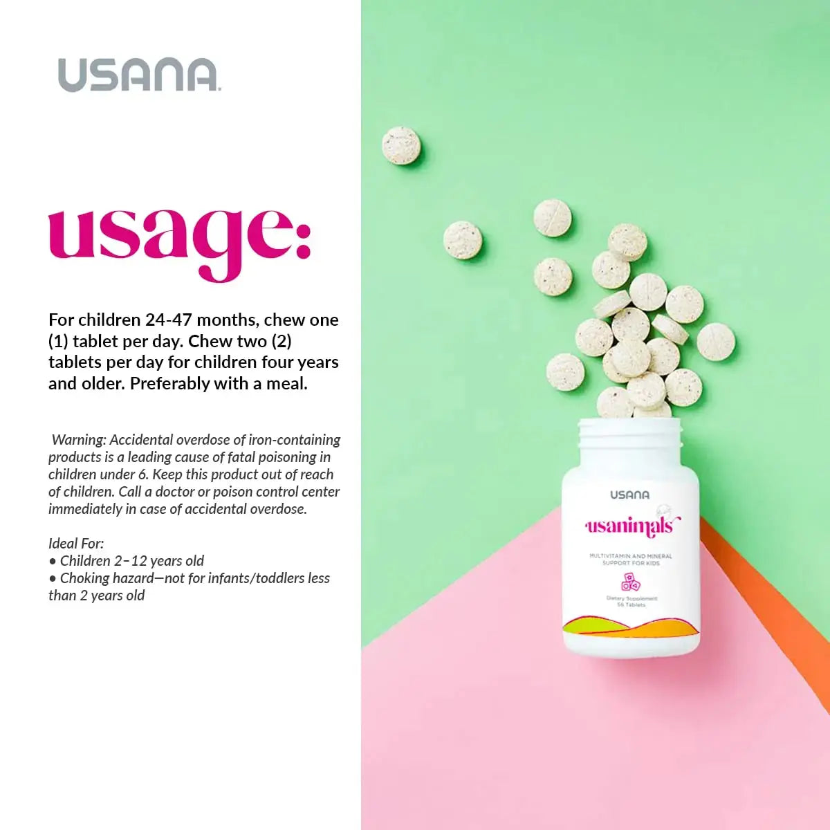 USANA Usanimals Multivitamin for Kids - Daily Chewable Tablets with Vitamins A, C, D, E, B6, B12, Zinc, Iron - Supports Immune, Bone & Brain Health USANA Au supplements