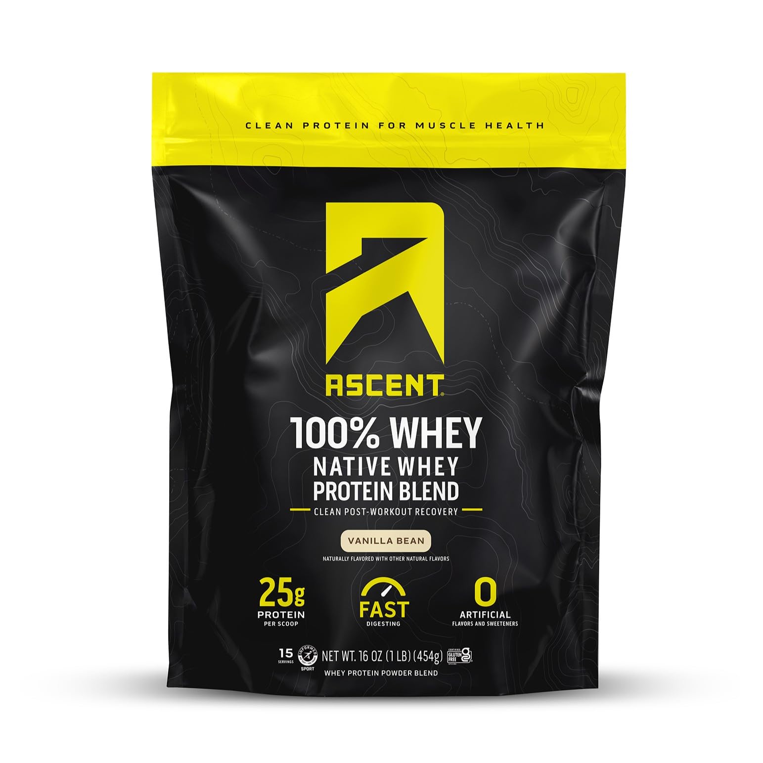 Ascent 100% Whey Protein Powder - Post Workout Whey Protein Isolate, Zero Artificial Flavors & Sweeteners, Gluten Free, 5.5g BCAA,