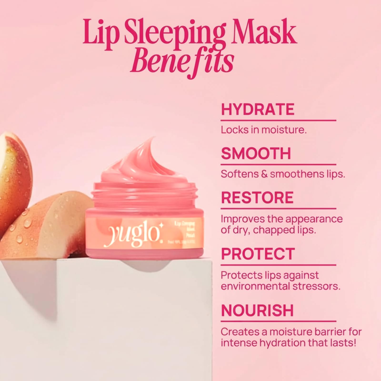 YUGLO Lip Sleeping Mask | Peach Flavor | Hydrating & Soothing Lip Treatment for  Dry, Chapped Lips