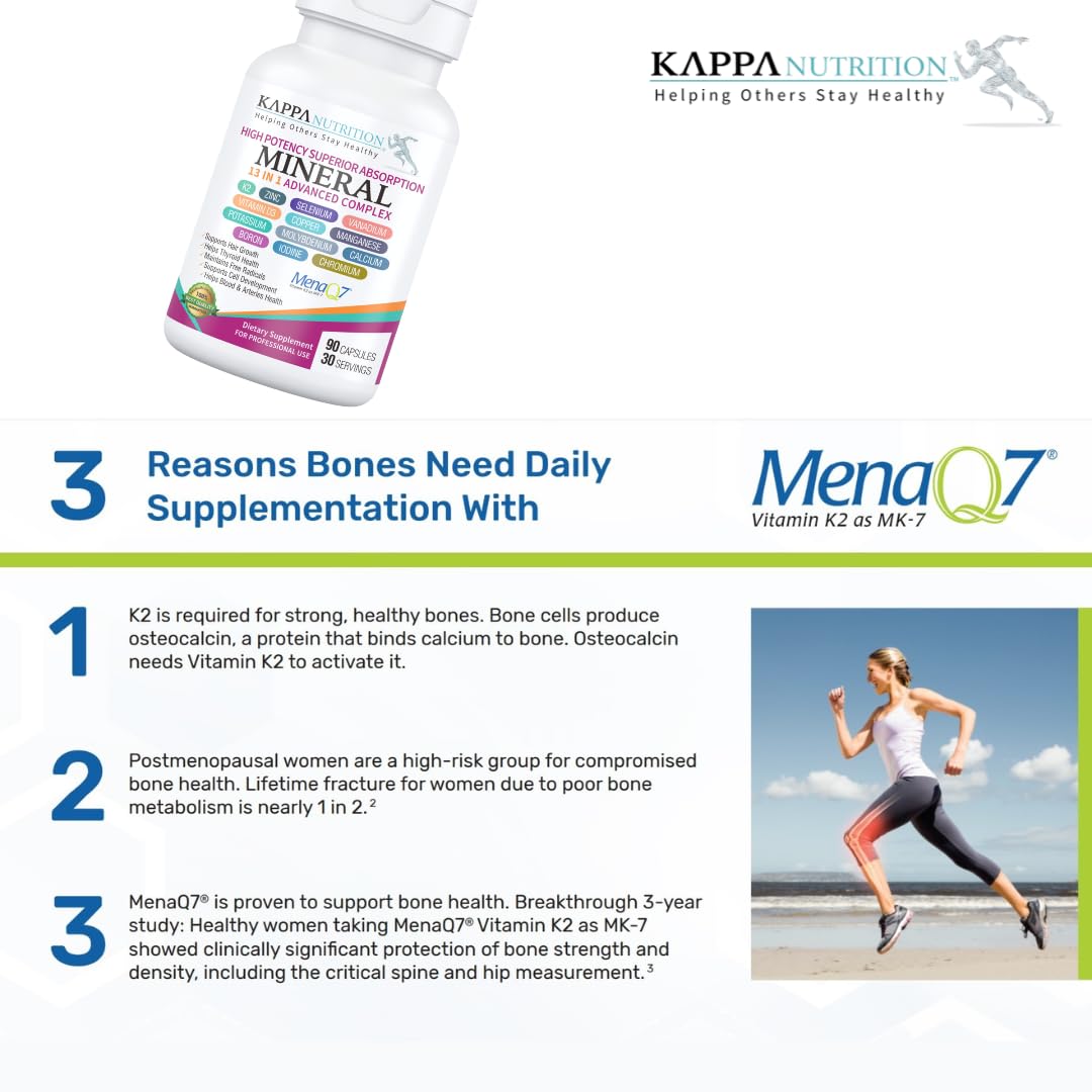 KAPPA NUTRITION (90 Capsules,Vitamin K2, Vitamin D3, Zinc, Selenium, Vanadium, Copper, Manganese, Potassium, Molybdenum, Calcium, Chromium, Iodine, Boron,