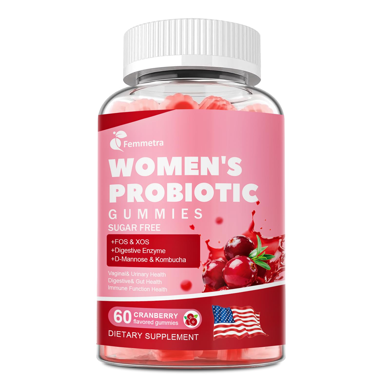 Femmetra 18-in-1 Probiotics for Women with Prebiotics - 200 Billion CFU with Digestive Enzyme, Cranberry, Kombucha - Sugar-Free Vaginal Gummies,