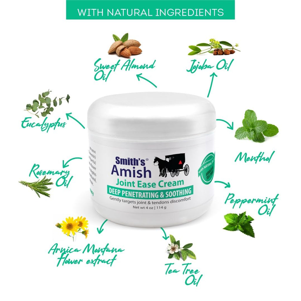 Smith’s Amish Joint Ease Cream 4 oz jar. Soothing and Cooling, with Botanicals of Arnica, Peppermint, Tea Tree, Rosemary and Eucalyptus Smith Amish Au supplements