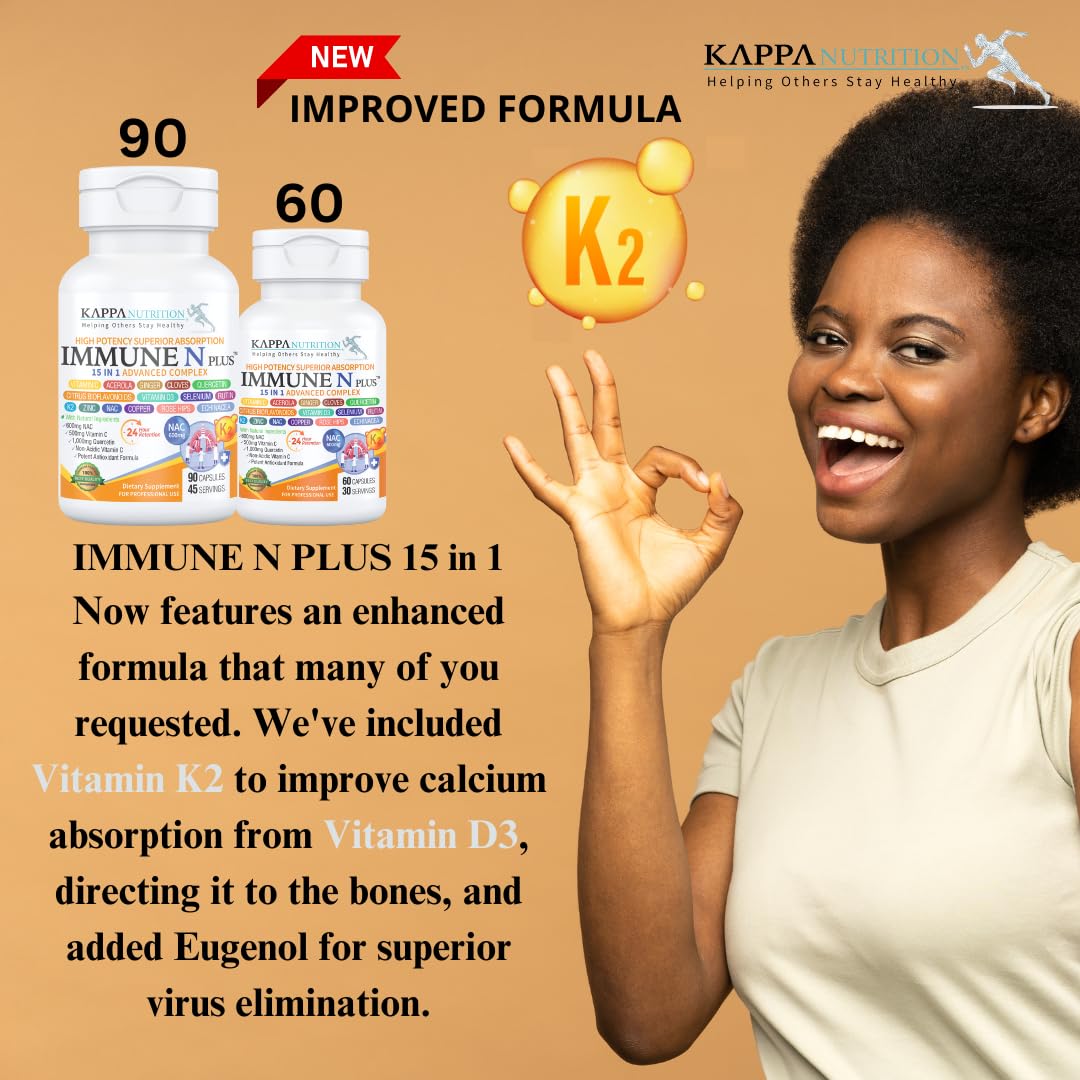 (90 Capsules), NAC 600mg, Quercetin 1,000mg, Vitamin C 500mg, Zinc 50mg, Vitamin D3 5,000iu, Selenium, Copper, Acerola, Ginger, Rutin, Citrus Bioflavonoids, Rose Hips, Echinacea, Immune N Plus 15 in 1 KAPPA NUTRITION Au supplements