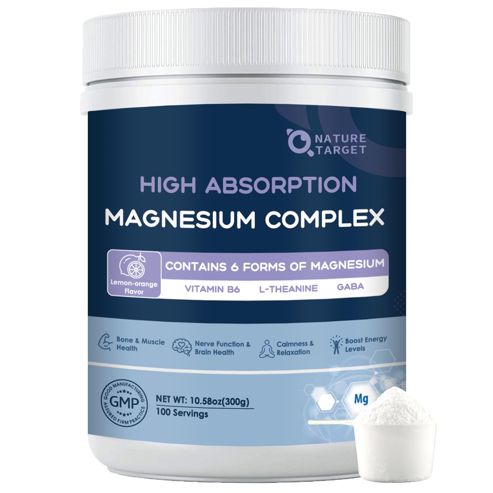 NATURE TARGET Magnesium Powder Supplement with Glycinate, Citrate, Malate, Magnesium Complex with L-Theanine & Vitamin B6 for Muscle, Heart & Brain, Vegan, 10.58 oz (100 Servings), Lemon Orange Flavor NATURE TARGET Au supplements