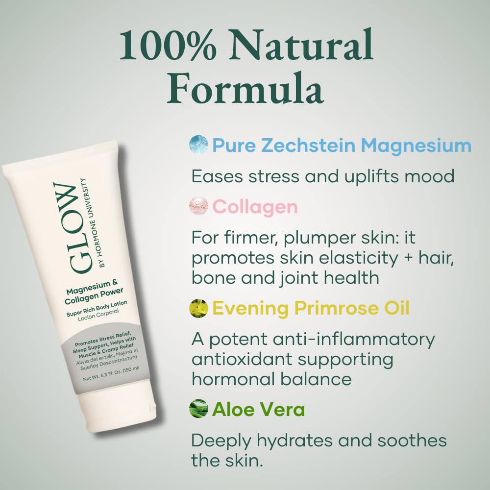 Glow by Hormone University - Magnesium Lotion with Collagen - Magnesium Cream - Bedtime Routine Sleep Lotion - The Highest Concentration of Genuine Zechstein Magnesium Chloride (Pack of 1) Glow Botanica Au supplements