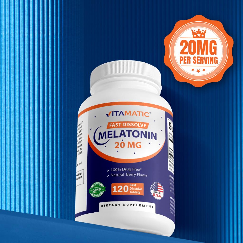 Vitamatic Melatonin 20mg for Sleep Support | Vegetarian, Non-GMO, Gluten Free | HIGH Potency 20 MG | Natural Berry Flavor 120