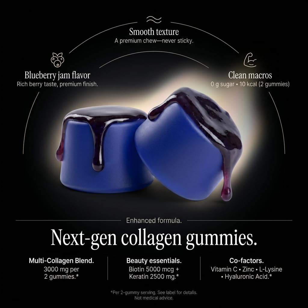 Collagen Peptides Gummies Sugar Free 3000mg Multi Collagen Blend for Hair Skin & Nails Support + 2500mg Keratin + 5000mcg Biotin, Hyaluronic Acid,