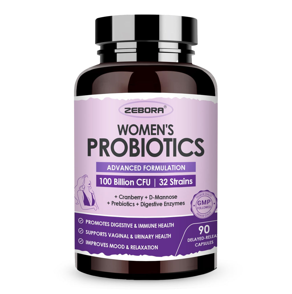 ZEBORA Probiotics for Women Digestive Health with Enzymes & Prebiotics 100 Billion CFUs| Vaginal Probiotics with D Mannose & Cranberry | Urinary Tract Health