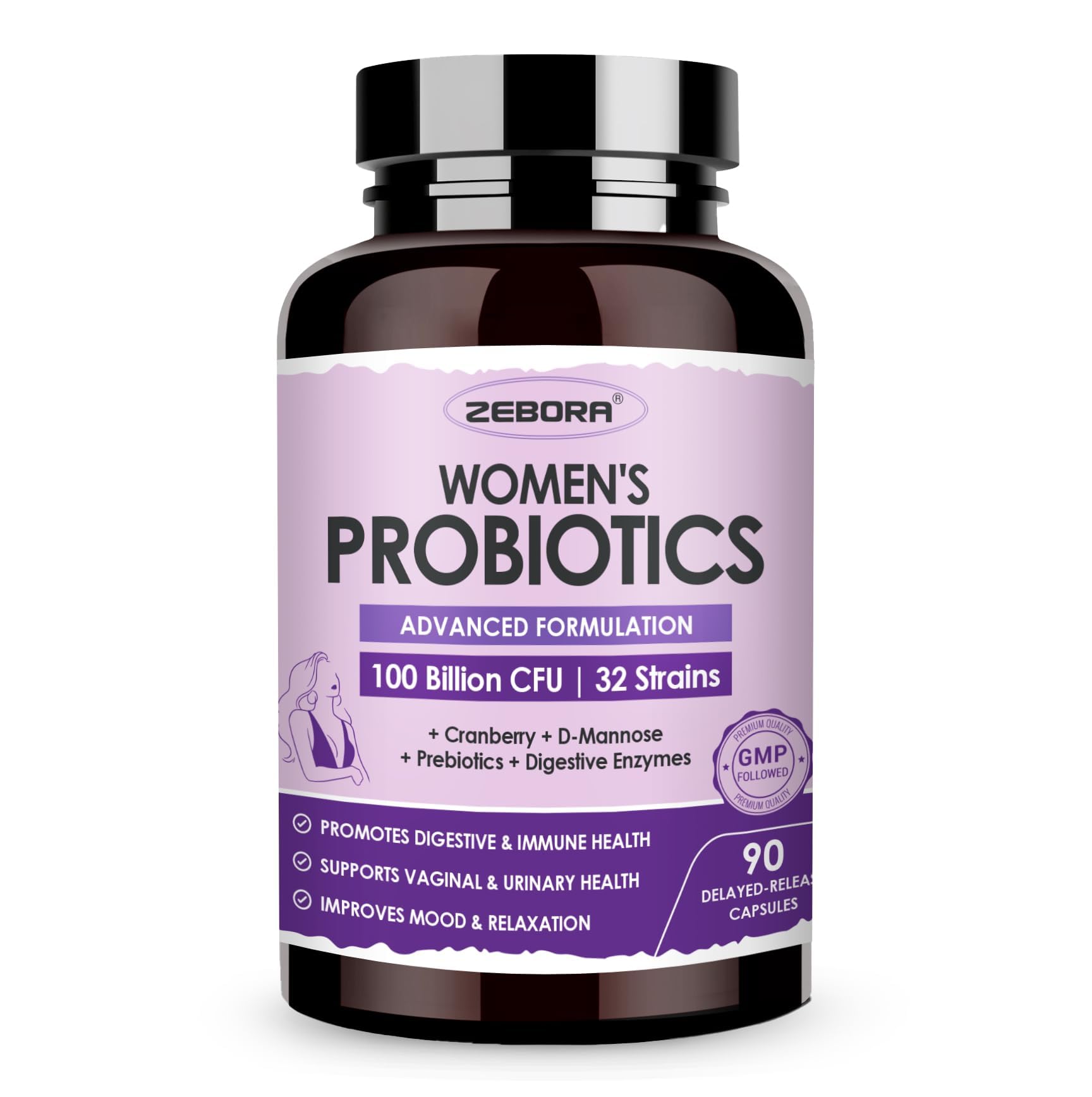 ZEBORA Probiotics for Women Digestive Health with Enzymes & Prebiotics 100 Billion CFUs| Vaginal Probiotics with D Mannose & Cranberry | Urinary Tract Health