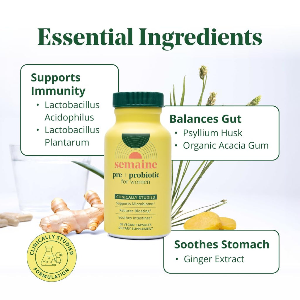 Semaine Super Powered Prebiotic + Probiotic for Women, Effective 3-in-1 Multi-Action Formula to Nourish Gut Health, Soothe IBS, Support Bloat Relief