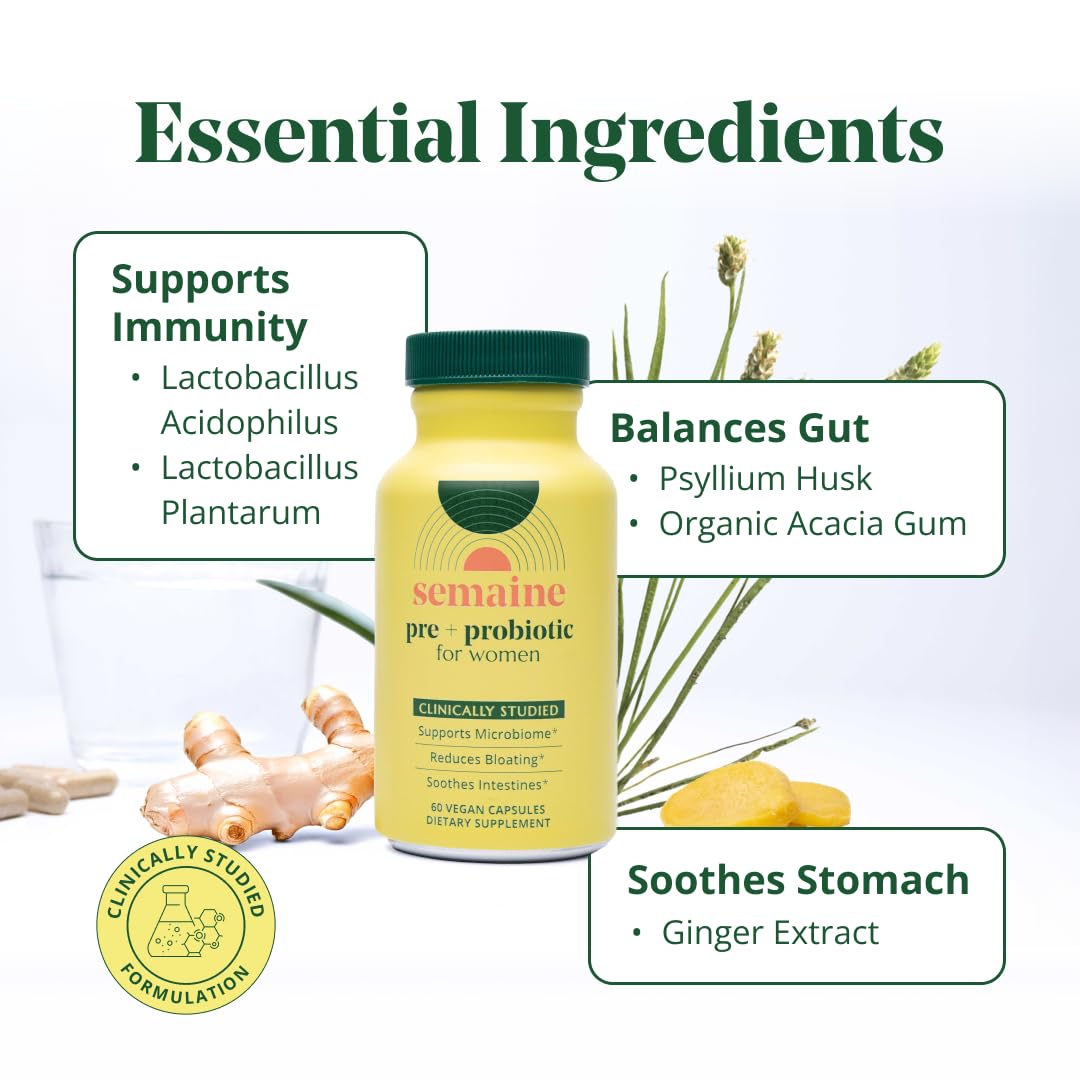 Semaine Super Powered Prebiotic + Probiotic for Women, Effective 3-in-1 Multi-Action Formula to Nourish Gut Health, Soothe IBS, Support Bloat Relief