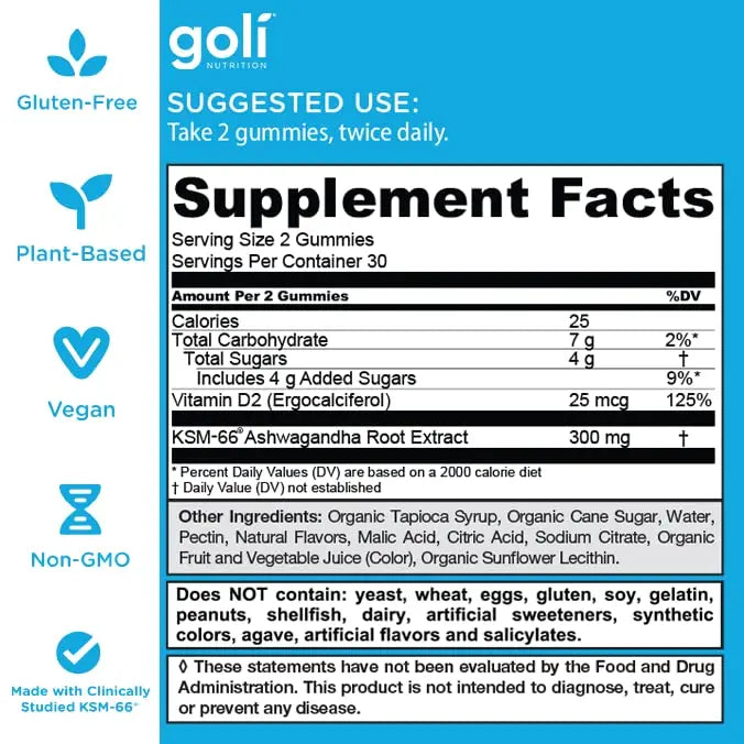 Goli Ashwagandha & Vitamin D Gummy - 60 Count - Mixed Berry, KSM-66, Vegan Goli Au supplements