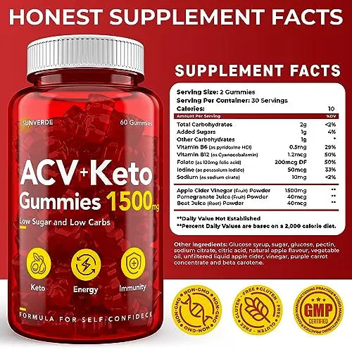 Keto ACV Gummies 1500 mg - Low Sugar Green Apple Flavor - Vegan ACV Keto Gummies SunVerde Au supplements