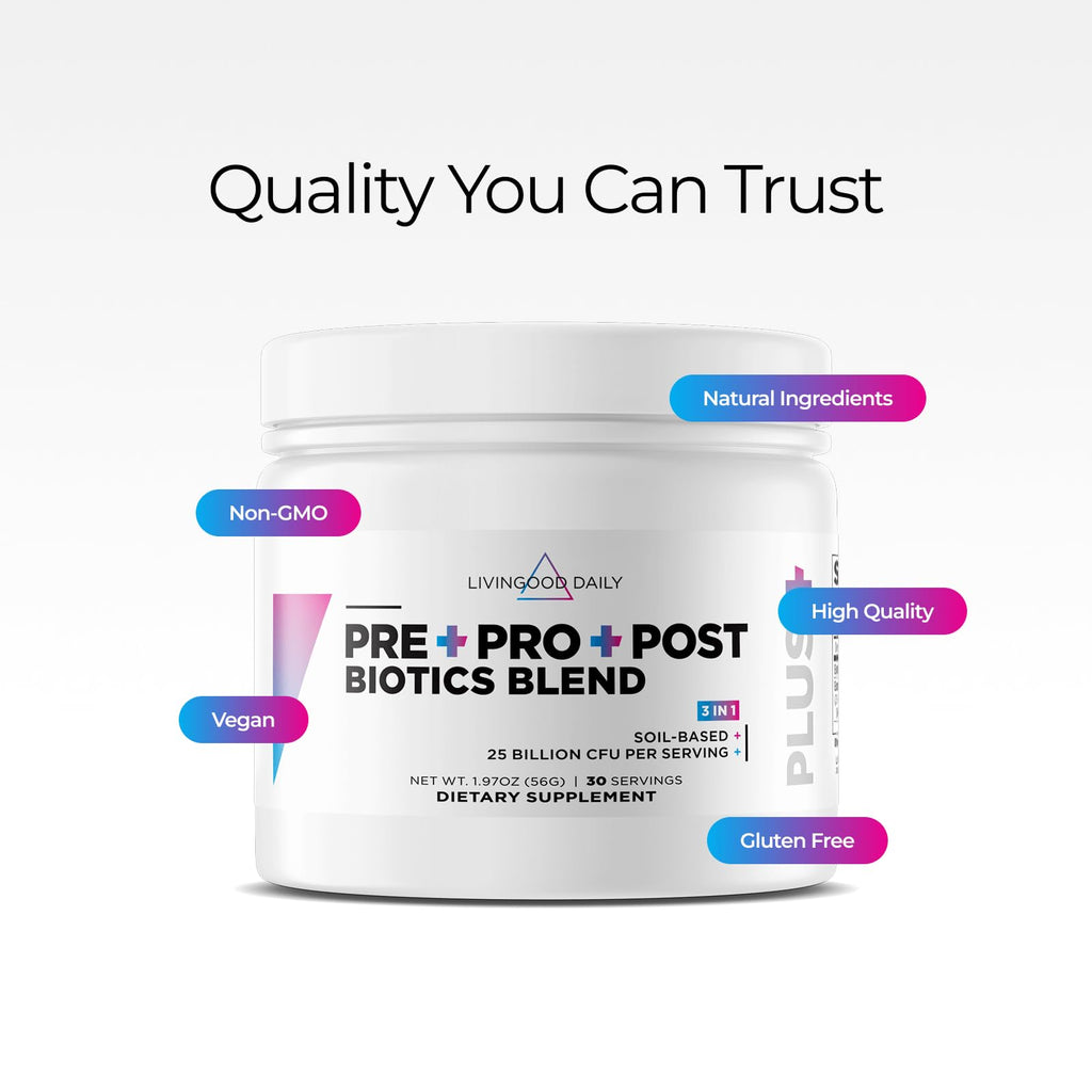 Livingood Daily Pre Pro Post Biotics Blend Powder, Digestive Health Supplement with Prebiotics from Organic Blue Agave Inulin, SBO Probiotics, Probiotics for Women & Men