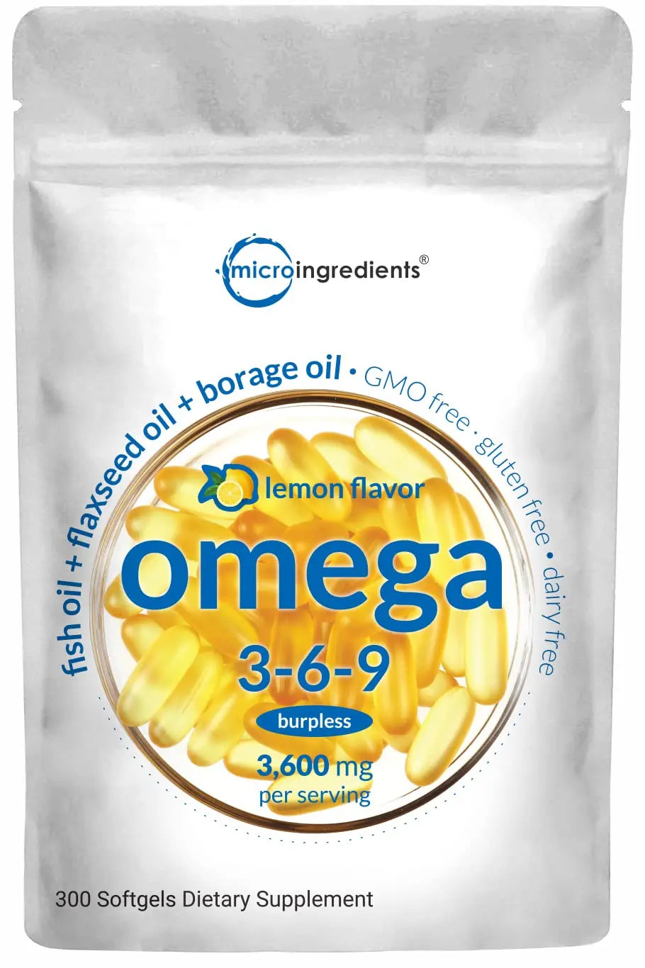 Ultra Omega 3-6-9 3600mg Perserv, 300 Burpless Softgels | Lemon Flavor Micro Ingredients Au supplements
