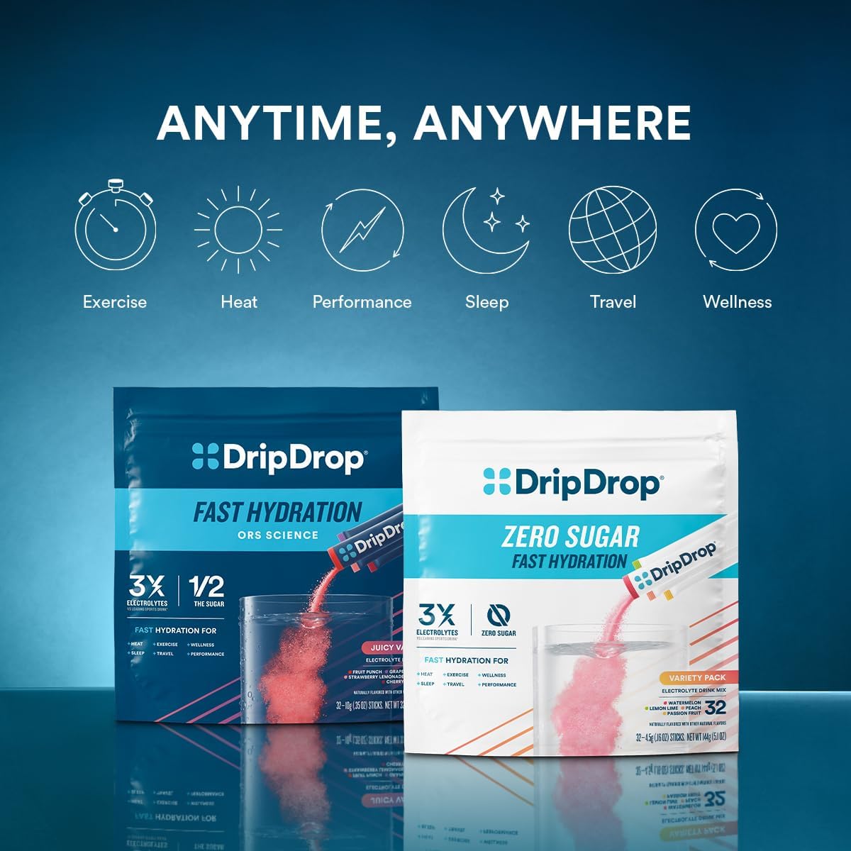 DripDrop Hydration Packets - Juicy Variety Pack - Single Serve Electrolytes Powder Drink Mix - Grape, Fruit Punch, Strawberry Lemonade, Cherry