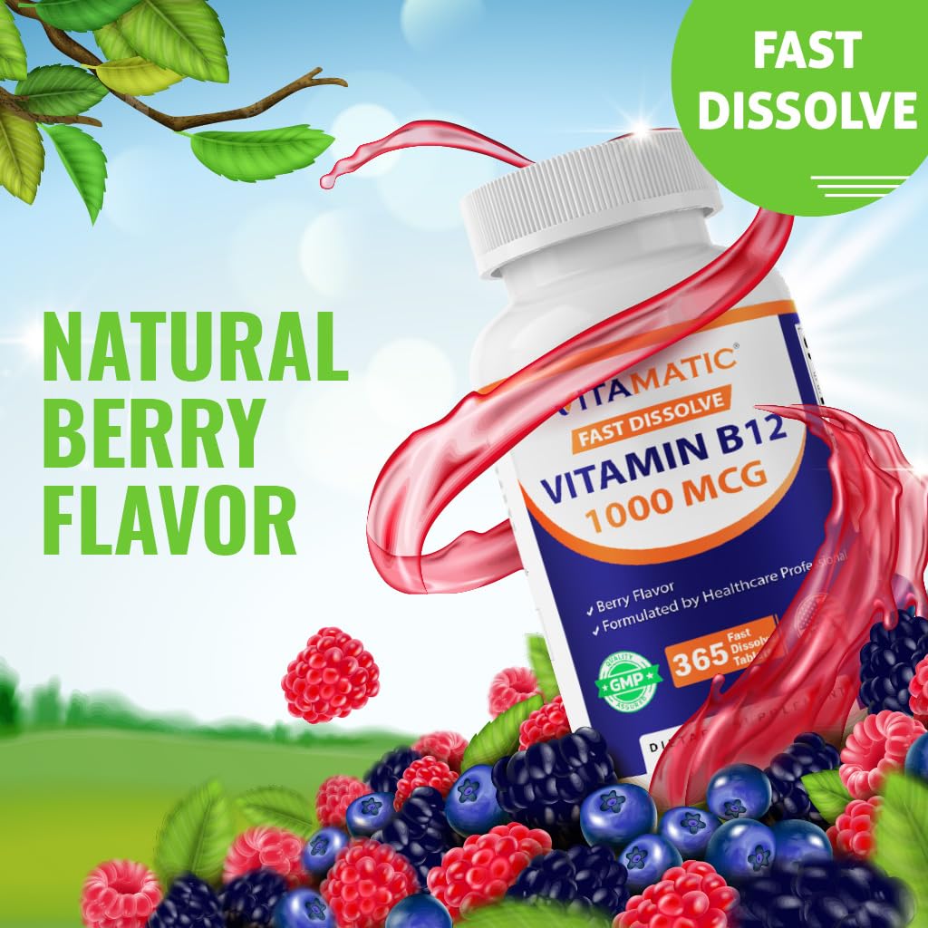 Vitamatic Vitamin B12 1000 mcg Fast Dissolve – 365 Tablets – Natural Berry Flavor – Supports Energy Metabolism