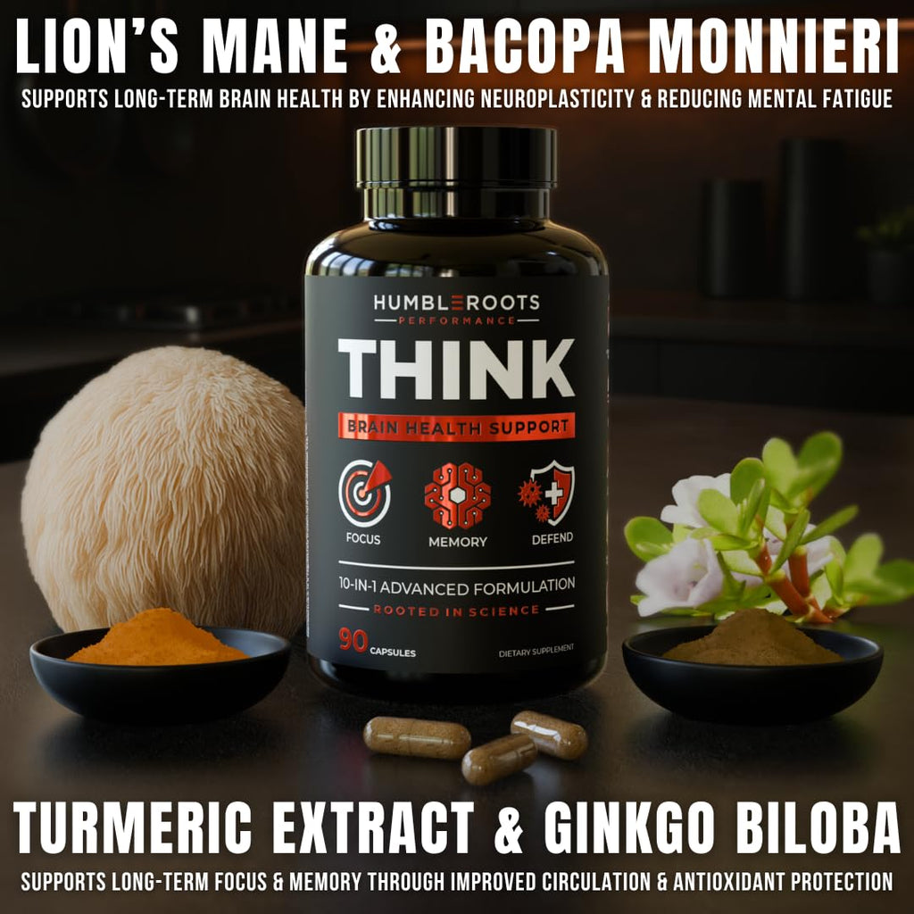 All-Natural Brain Supplement for Memory and Focus - Caffeine-Free Long-Term Cognitive Support - 10 Nootropic Ingredients Including Lion’s Mane, Bacopa, Turmeric, Ginkgo & Huperzine A - 90 Capsules