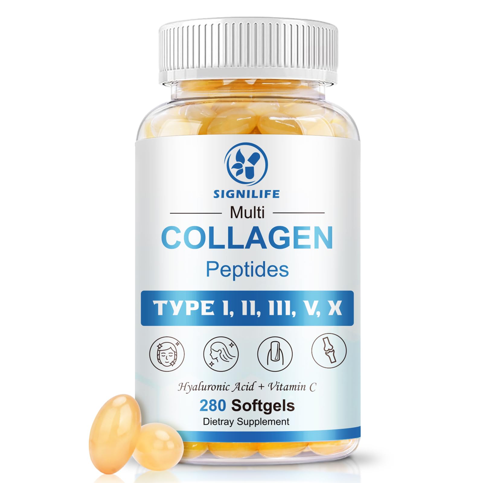 SIGNILIFE Multi Collagen Peptides for Women & Men, Hydrolyzed Collagen Peptides-Type I, II, III, V, X - with Hyaluronic Acid,Vitamin C,Biotin
