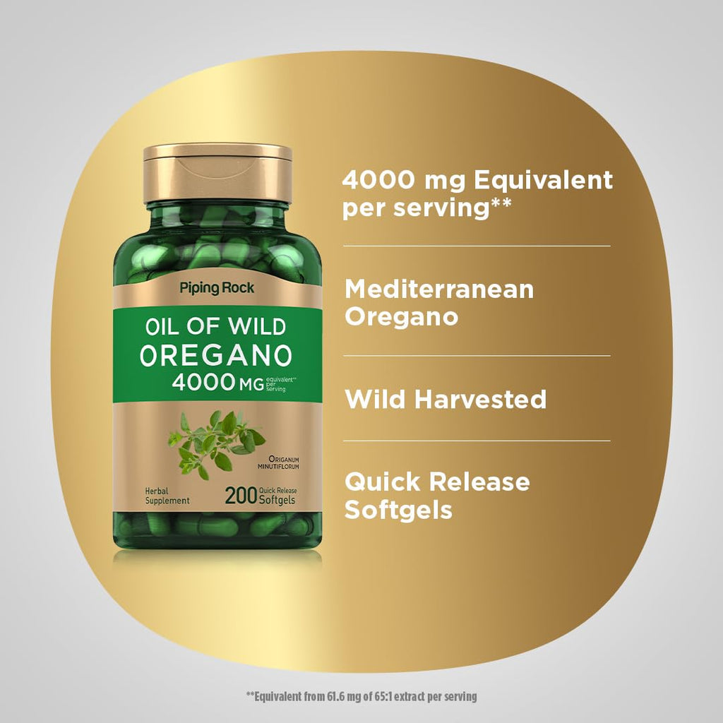 Piping Rock Oregano Oil Softgel Capsules | 200 Pills | Herbal Extract Supplement | Wild Harvested | Non-GMO, Gluten Free