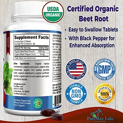 YUMMYVITE Organic Beet Root Powder Tablets - 1350mg with Black Pepper for Faster YUMMYVITE Au supplements
