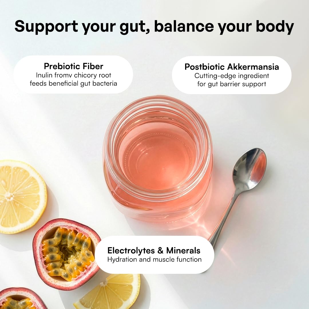 KEY NUTRIENTS Gut Health Hydration – Passionfruit Lemonade, Fiber Supplement with 3g Prebiotic Fiber & Akkermansia Probiotics for Women and Men