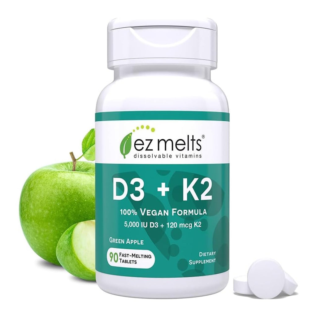 EZ Melts Dissolvable Vegan Vitamin D3 + K2 5,000 IU - Bone & Heart Health Support - Immune Function Support - No Artificial Flavors - Non-GMO - Green Apple