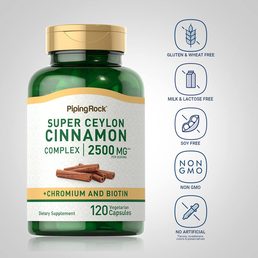 Piping Rock Ceylon Cinnamon Capsules | 120 Pills | Complex Supplement with Chromium and Biotin | Vegetarian, Non-GMO, Gluten Free