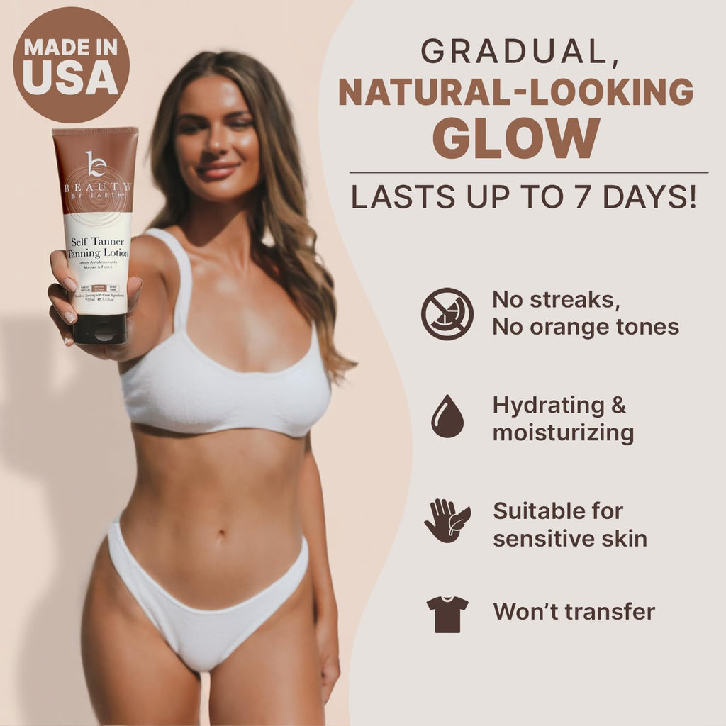 Beauty by Earth Self Tanner - USA Made with Natural & Organic Ingredients, Moisturizing Self Tanning Lotion