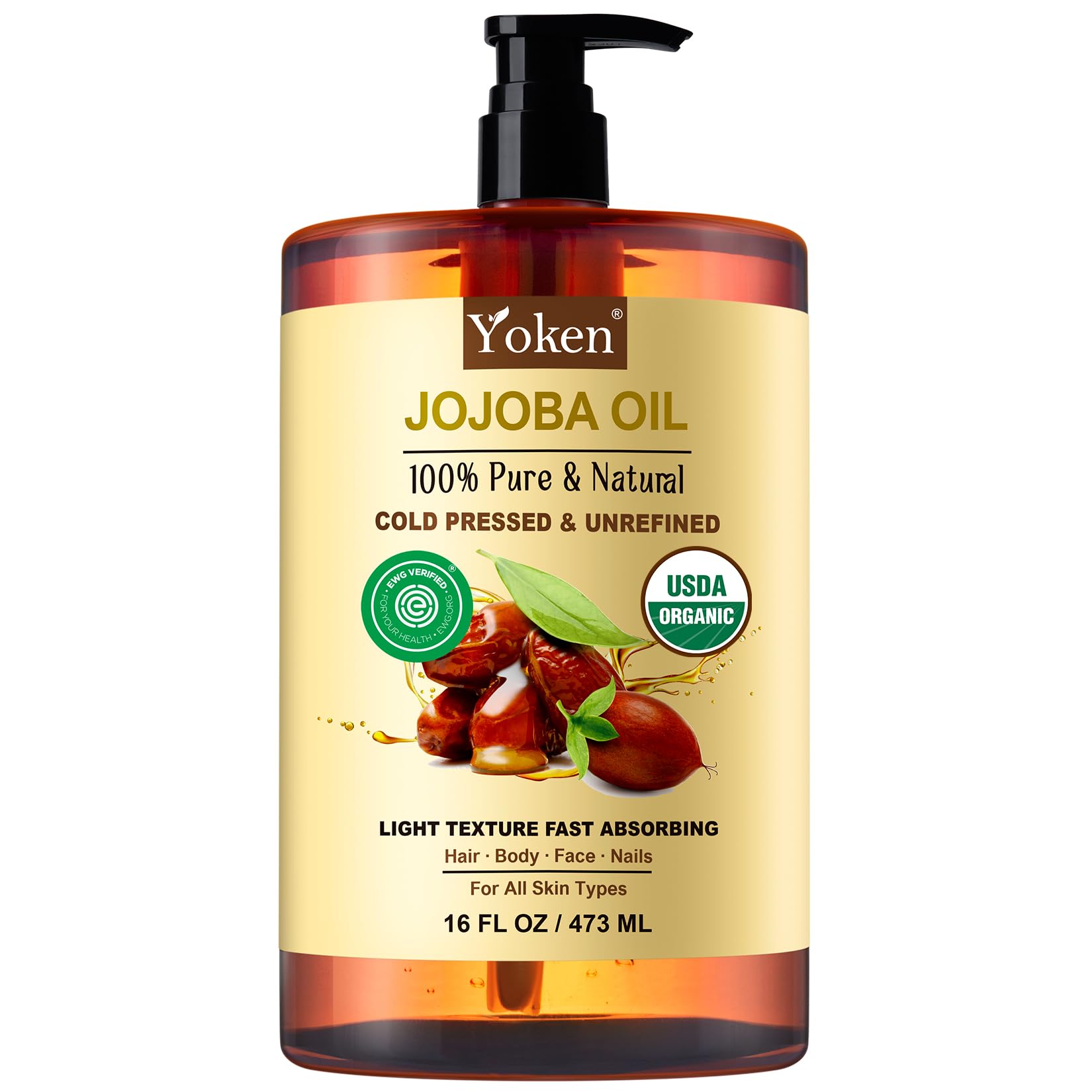 Yoken Pure Jojoba Oil Organic USDA Certified 16 fl oz, 100% Natural Jojoba Oil for Hair