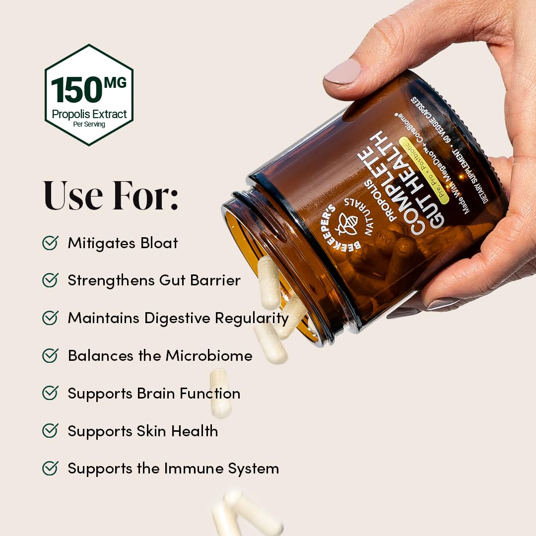 Complete Gut Health by Beekeeper's Naturals, 3-in-1 Prebiotic, Postbiotic, Probiotics for Digestive Health & Bloating Relief for Women & Men