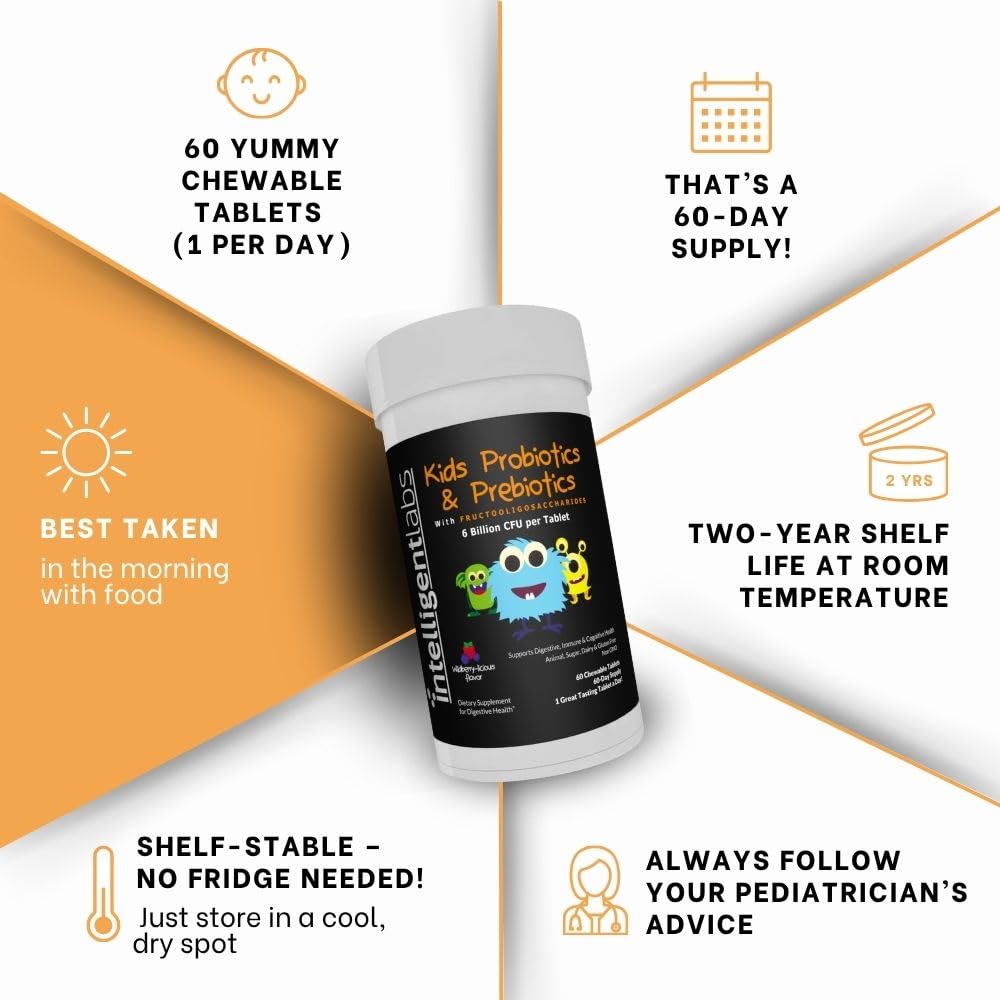 Intelligent Labs Kids/Children Probiotics 6 Billion CFU with Prebiotics, PHGG & FOS, Once-Daily Chewable, Great Taste, 10x Effectiveness