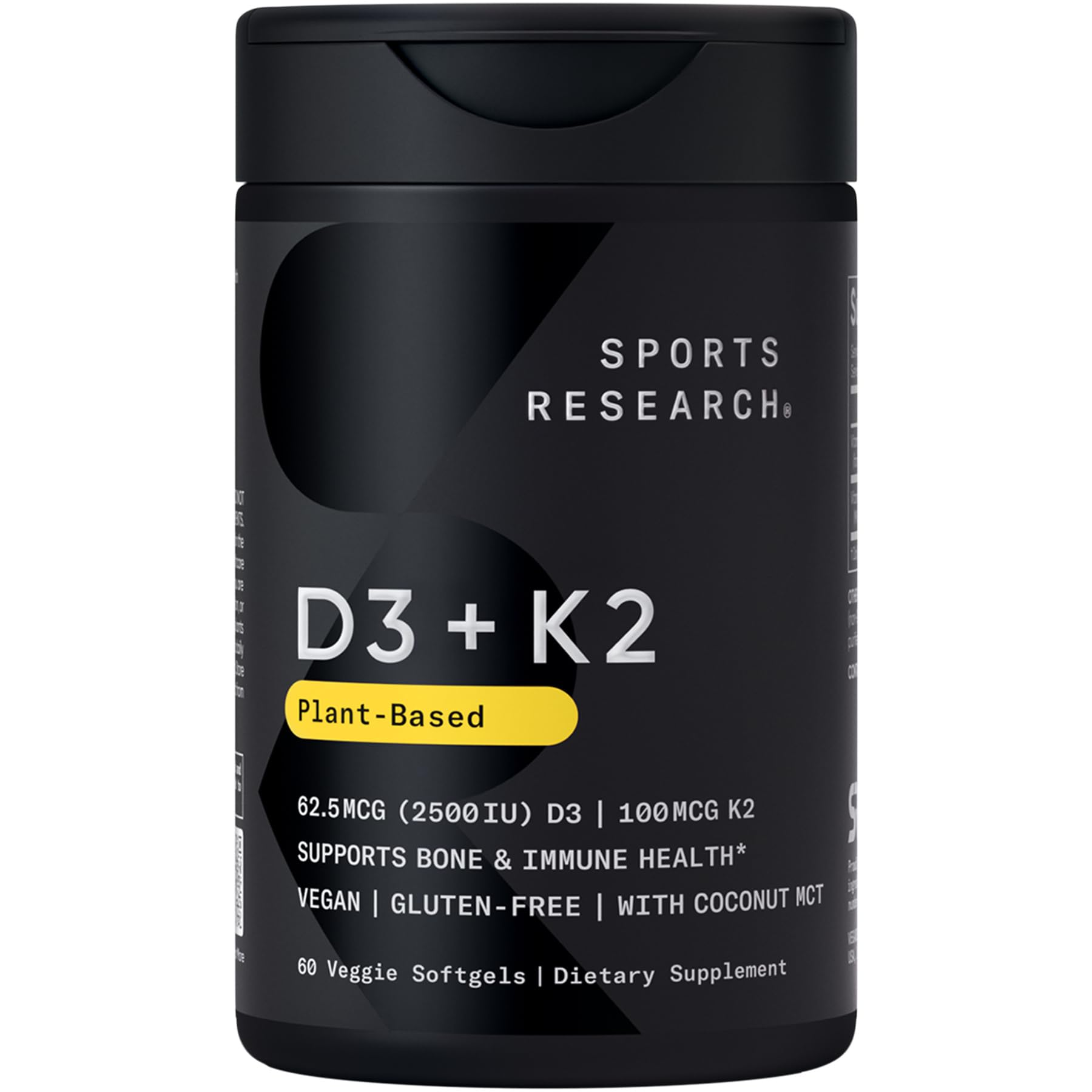 Sports Research® Vitamin D3 + K2 w/Coconut Oil - Vegan Vitamin D 2500iu (62.5mcg) & Mk7 Vitamin K 100mcg for Bone & Immune Support - Vegan Certified
