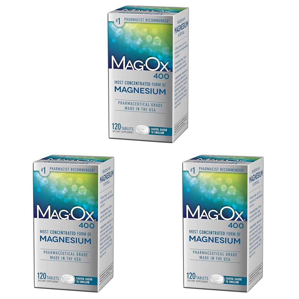 Mag-Ox Magnesium Supplement, Pharmaceutical Grade Magnesium Oxide 483mg, Most Concentrated Form of Magnesium, 120 Tablets (Pack of 3) Mag-Ox 400 Au supplements