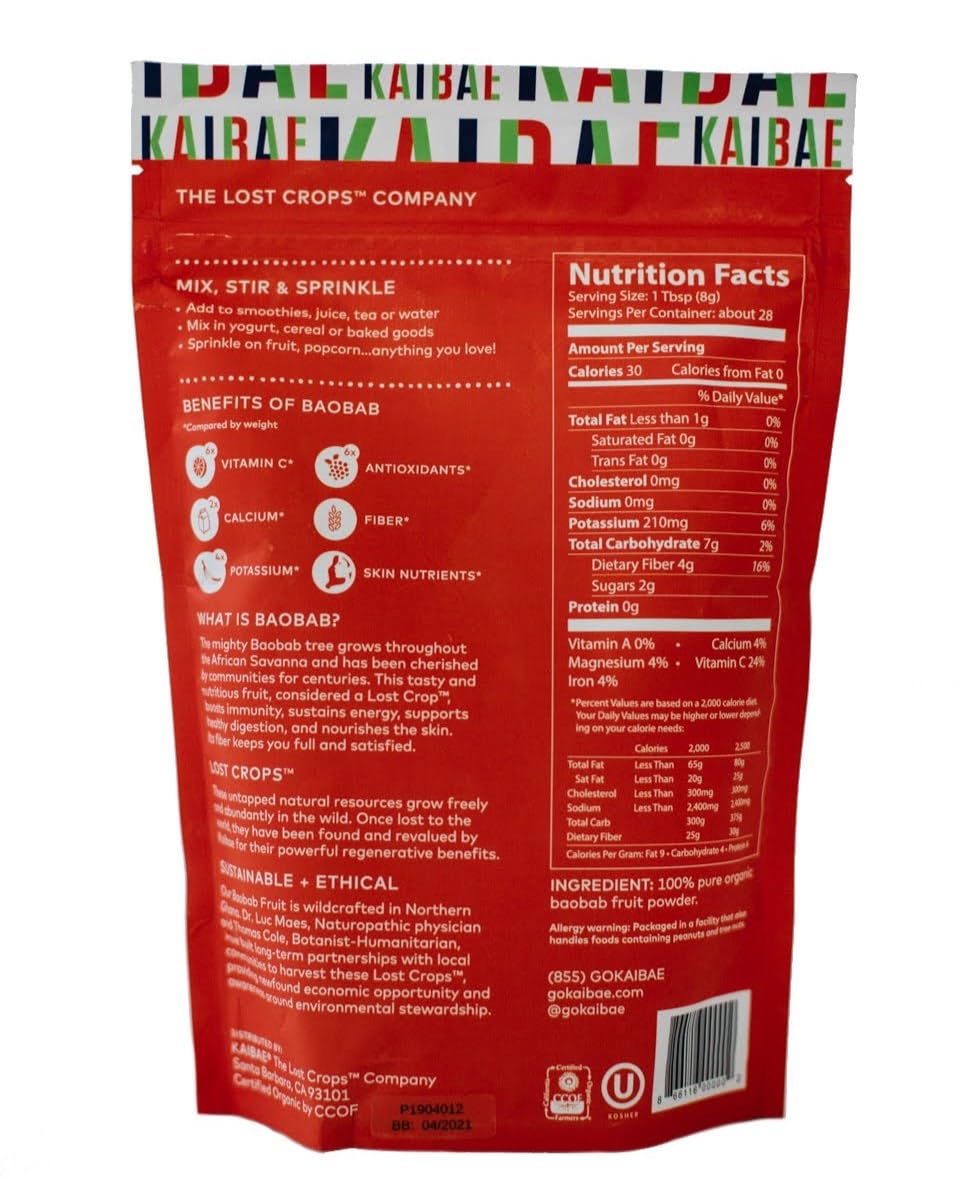 KAIBAE Premium Organic Baobab Powder | Prebiotic Fiber Superfood for Gut & Metabolic Health | Vitamin C + Polyphenols | Gluten-Free, Non-GMO, Vegan | 8 oz.