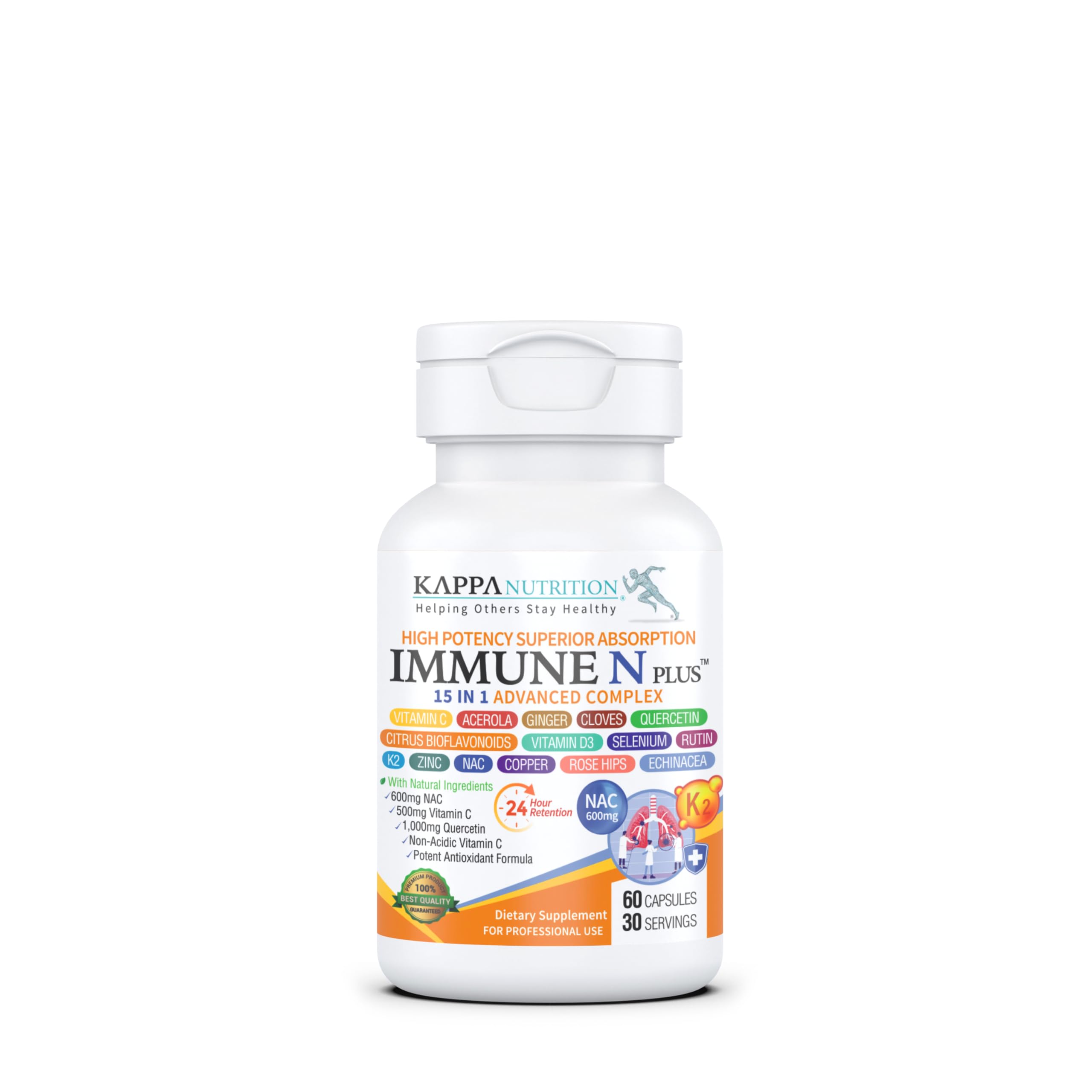 (60 Capsules), NAC 600mg, Quercetin 1,000mg, Vitamin C 500mg, Zinc 50mg, Vitamin D3 5,000iu, Selenium, Copper, Acerola, Ginger, Rutin, Citrus Bioflavonoids, Rose Hips, Echinacea, Immune N Plus 15 in 1 KAPPA NUTRITION Au supplements