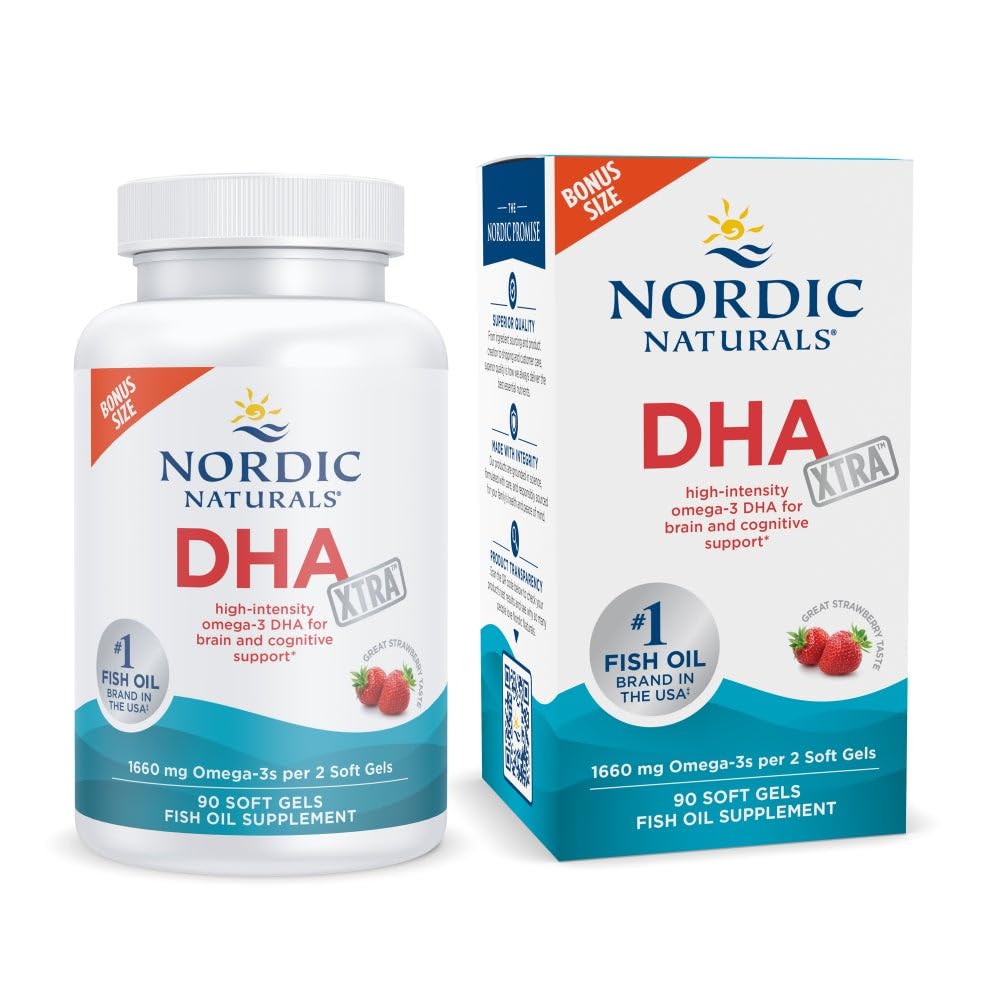 Nordic Naturals DHA Xtra, Strawberry - 90 Soft Gels - 1660 mg Omega-3 - High-Intensity DHA Formula for Brain & Nervous System Support