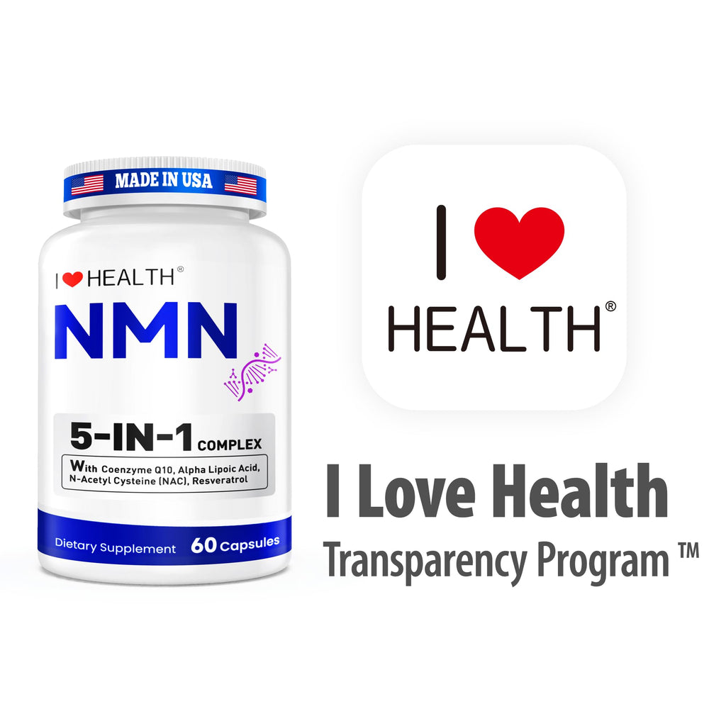 I LOVE HEALTH NMN Supplement, 5-in-1 Complex with NAC, Alpha Lipoic Acid, CoQ10 & Resveratrol - High Absorption Anti Aging Formula - Third Party Tested, cGMP, Gluten Free - 60 Capsules I LOVE HEALTH Au supplements