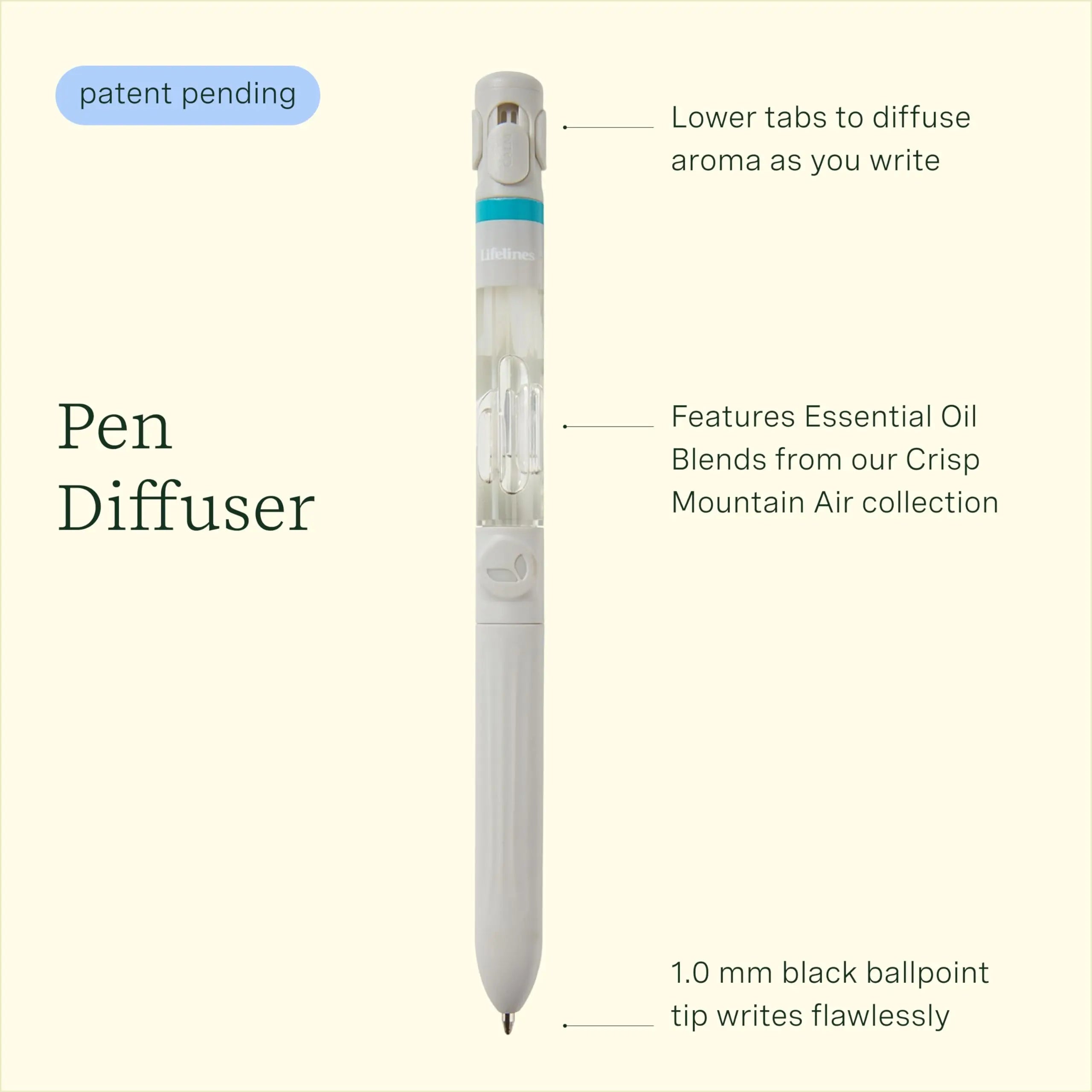 Pen Diffuser in Crisp Mountain Air Essential Oil Blends - Elegant 1.0mm Ballpoint Tip - Black Pen Lifelines Au supplements