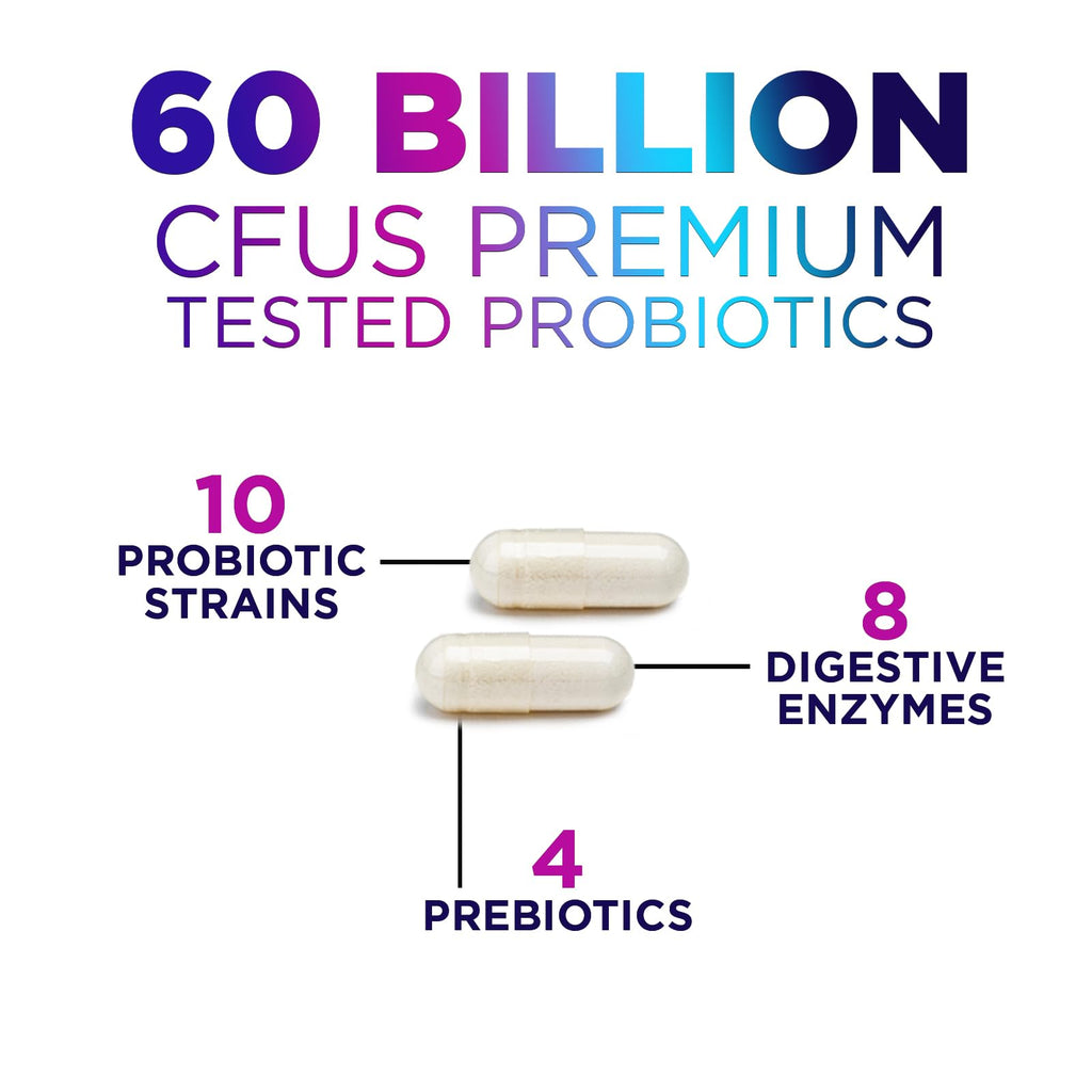 Probiotics 60 Billion CFU - 10 Strains + Digestive Enzymes & Prebiotics - Best Probiotic for Women & Men, Supports Immune, Gut Health, Occasional Constipation, Diarrhea, Gas & Bloating - 60 Capsules Nature's Peak Au supplements