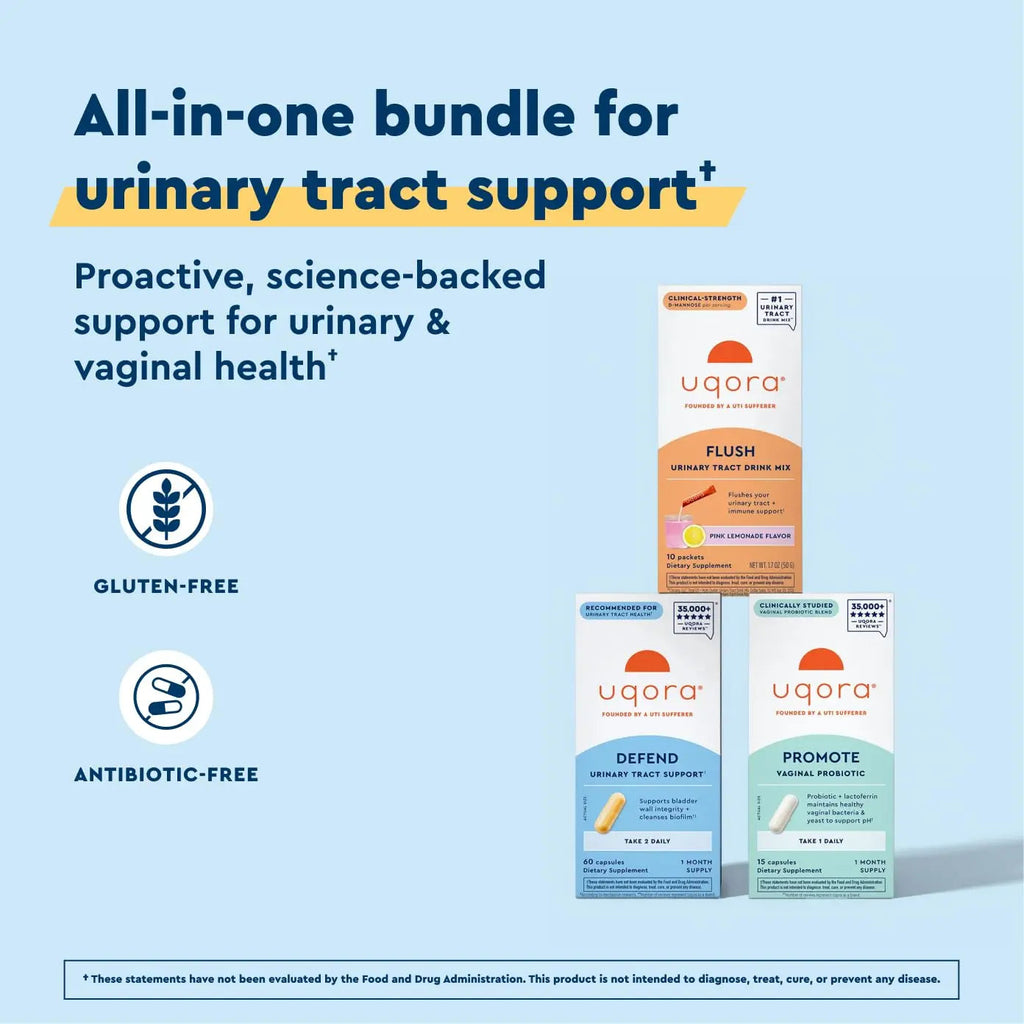Uqora Complete Regimen with Flush, Defend & Promote - Urinary Tract Support with D-Mannose, Vitamin C, Green Tea Extract, Probiotics & More - Comprehensive Bladder Health Support* - 3-Part Bundle Uqora Au supplements